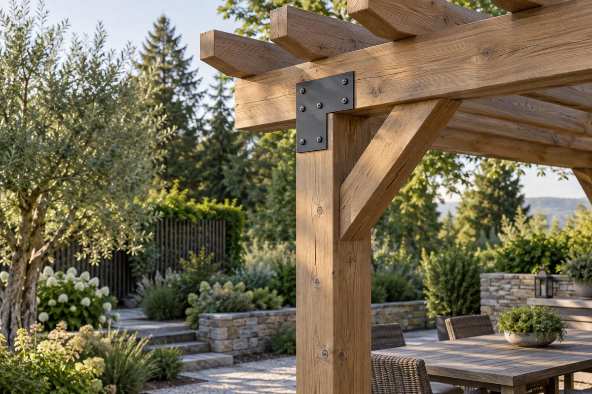 Условная AI-иллюстрация деревянной конструкции. Не фотография крепежа Outdoor Accents и не схема монтажа.